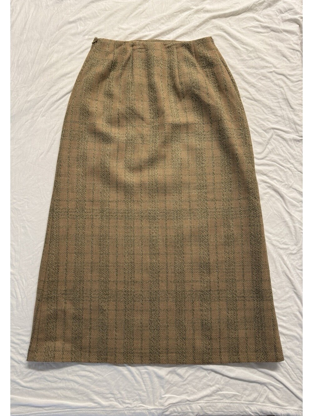 VTG Harvé Benard‎ Glen Plaid Wool Tweed Midi Skirt 8 Tan Old Money Dark Academia